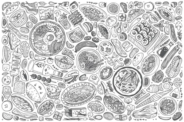 Hand gezeichnet koreanische Lebensmittel Set Doodle Vektor Hintergrund — Stockvektor