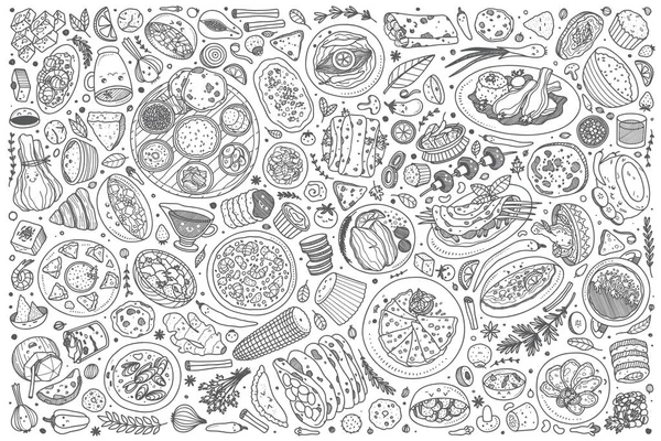 Handgezeichnete indische Lebensmittel setzen Doodle-Vektor Hintergrund — Stockvektor