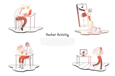 Korsan etkinlik - dijital sistemlerini yok et ve bilgi almak için hackerlar kavram kümesi vektör