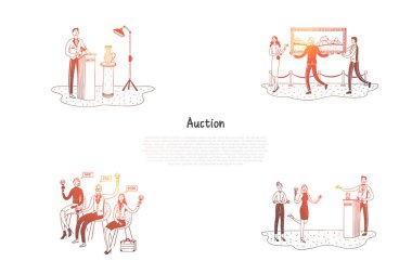 Açık artırma - satış ve Sanat Müzayede vektör kavramı seti sırasında satın insanlar