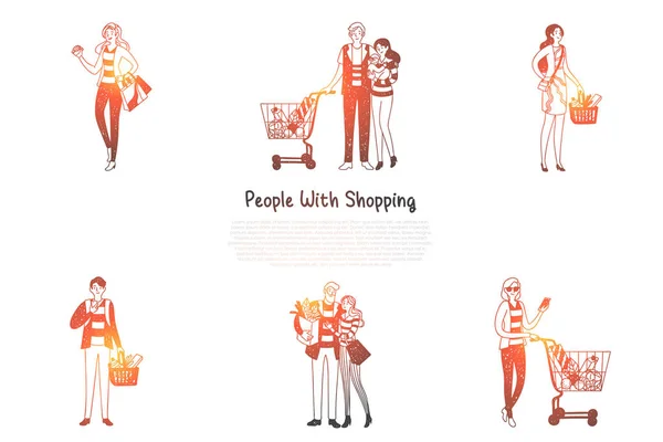 Personas con compras - familias y personas con bolsas de compras y cestas con concepto de vector de compras conjunto — Archivo Imágenes Vectoriales