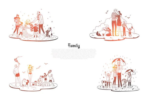 Famille - parents et enfants marchant et jouant les uns avec les autres en toutes saisons ensemble vectoriel concept — Image vectorielle