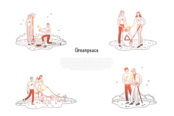 Greenpeace - personas recolectando basura, plantando árboles, ayudando a las personas mayores, paseando perros vector concepto conjunto — Vector de stock