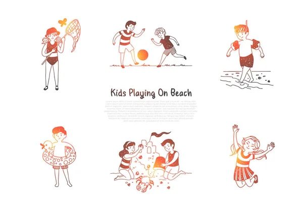 Bambini che giocano sulla spiaggia - bambini che fanno figure dalla sabbia, catturano farfalle, giocano con palla, saltano, nuotano insieme concetto vettoriale — Vettoriale Stock