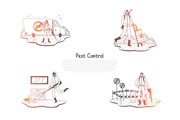 Контроль шкідників - спеціальні працівники в уніформі з обладнанням, що беруть під контроль шкідників на природі і вдома Векторний концепт набір — стоковий вектор