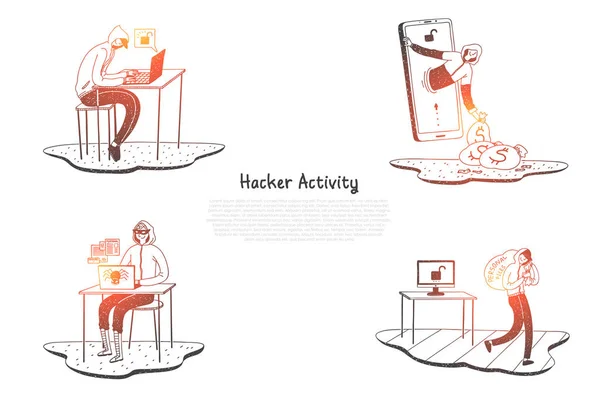 Aktivity hackerů - hackeři snaží zničit číslicových systémů a získat informace o vektorové sada koncept — Stockový vektor