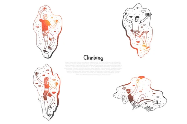Climbing - people climbing artificial hills vector concept set — Stock Vector