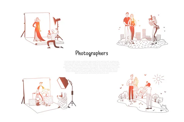 Photographes - photographes faisant des photos de personnes en studio et sur un ensemble de concepts vectoriels de rue — Image vectorielle