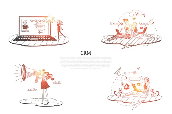 CRM - persone che comunicano e si aiutano a vicenda tramite computer portatili e set di concetti vettoriali internet — Vettoriale Stock