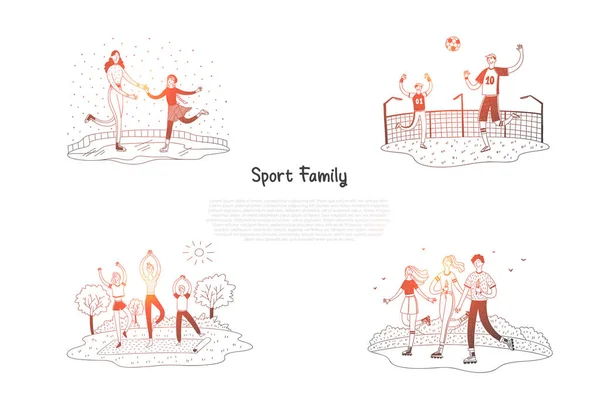 Spor aile - aile paten, futbol oynamak, yoga, birlikte vektör paten kavram kümesi yaparken — Stok Vektör