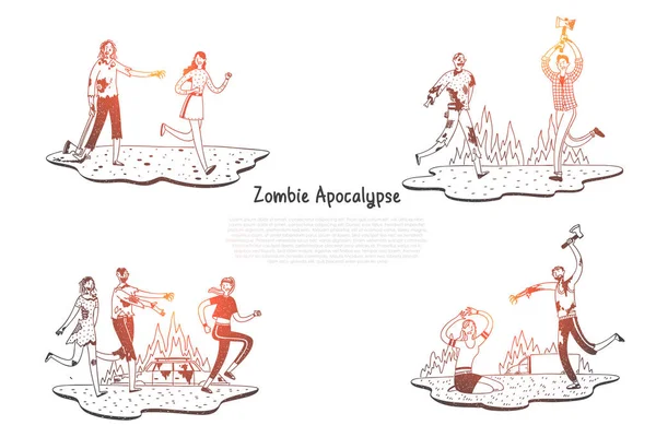 Apocalipse zumbi - zumbis assustador e lutando com as pessoas conjunto conceito vetor — Vetor de Stock