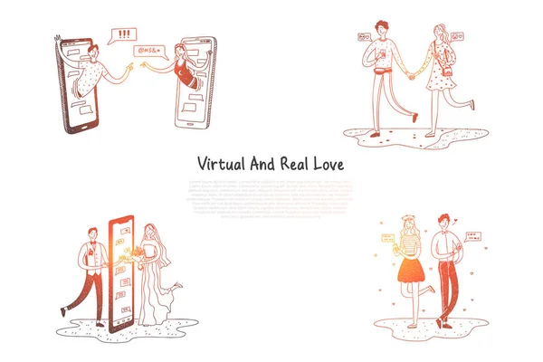 Amor virtual e real - casais que têm relacionamentos via vetor de internet conjunto de conceito — Vetor de Stock