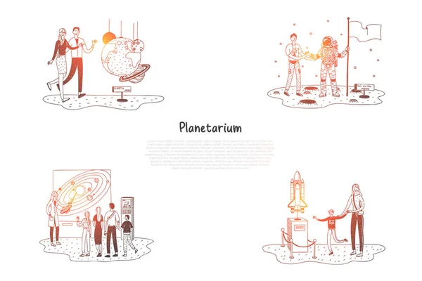 Планетарій - люди в планетарії, які дивляться на виставки та презентації Векторна концепція набору — стоковий вектор