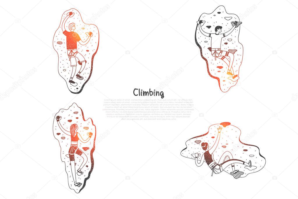 Climbing - people climbing artificial hills vector concept set