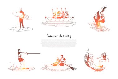 Yaz etkinliği - su aktiviteleri sörf yapan insanlar, su kayağı, yelken