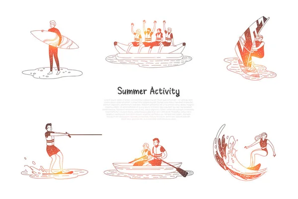 Actividad de verano - personas que hacen actividades acuáticas surf, esquí acuático, vela — Vector de stock