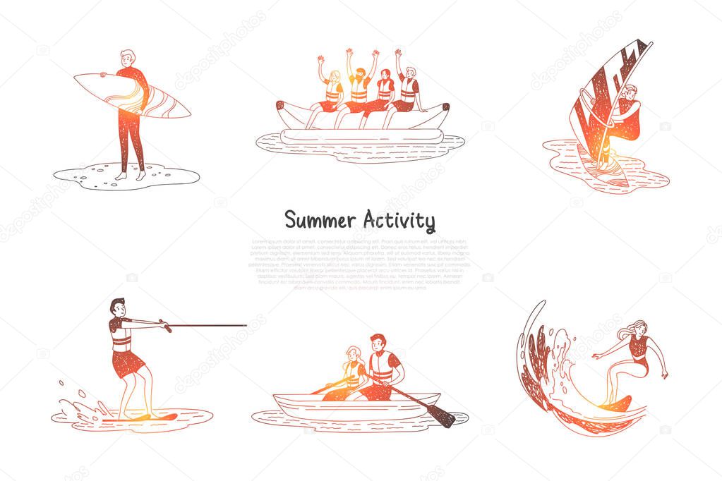 Summer activity - people doing water activities surfing, water skiing, sailing