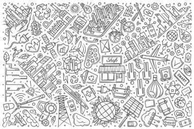 Elle çizilmiş akıllı şehir doodle vektör arka plan belirleme