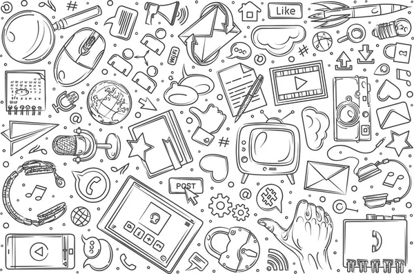 Hand getekend sociale media instellen doodle vector achtergrond — Stockvector