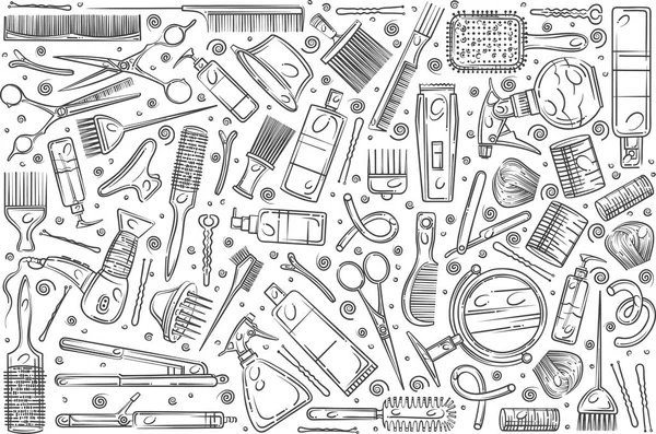 Ferramentas de salão de cabeleireiro desenhado à mão . — Vetor de Stock