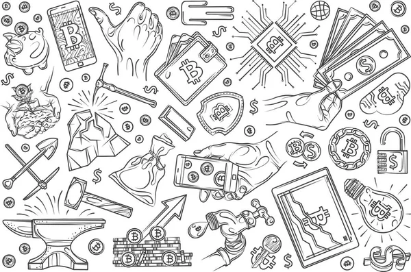 Hand gezeichnete Kryptowährung Mining Set Doodle Hintergrund — Stockvektor
