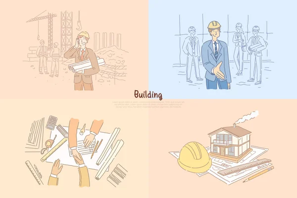 Indústria da construção civil, canteiro de obras, jovem arquiteto segurando rascunho, reunião de negócios, banner negociação —  Vetores de Stock