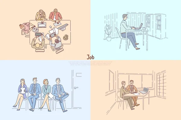 Agence de RH à la recherche de travailleurs, candidats en attente d'entrevue d'emploi, réunion d'affaires, l'employeur embauche bannière des employés — Image vectorielle