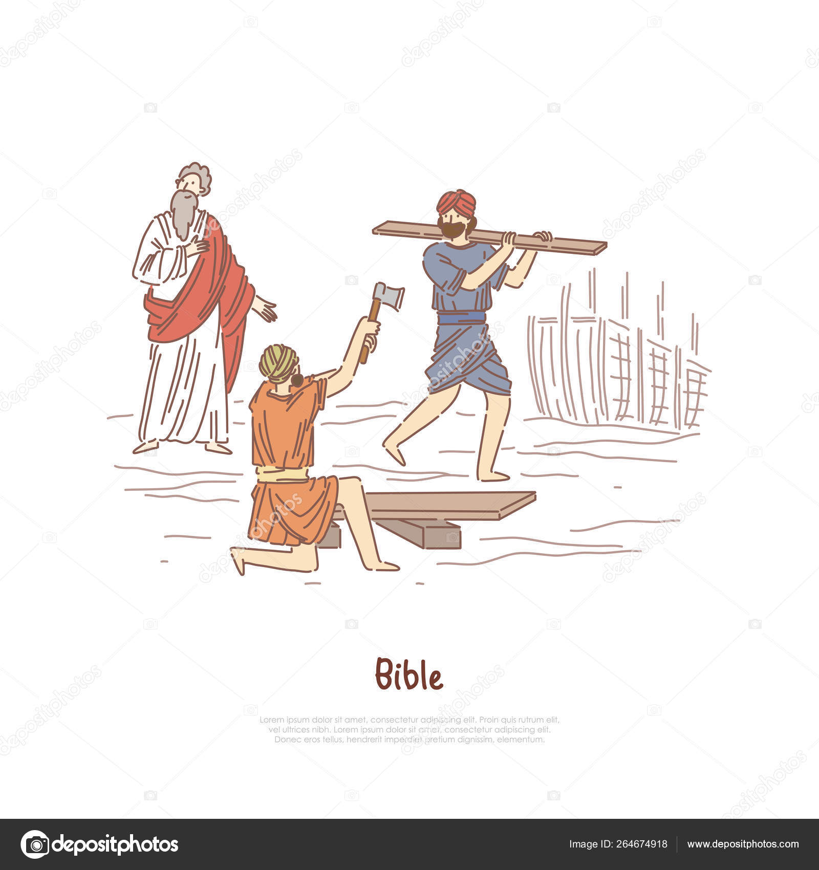 노아 건물 방주 신화, 전설, 성경 이야기 줄거리, 성서 문자, 선박 배너 템플릿을 구축하는 사람들 스톡 벡터 -  ©little_prince 264674918, image size:1600x1700