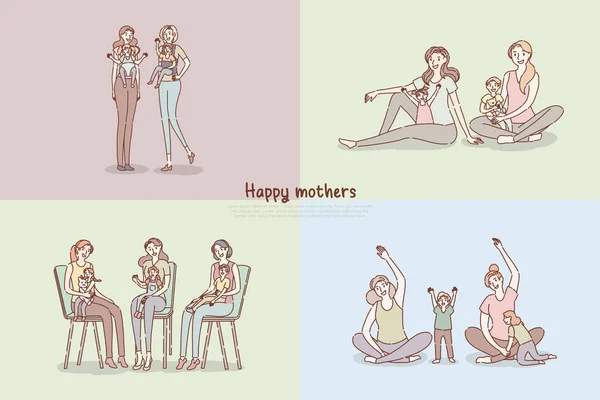 Madri felici, giovane mamma con neonato, genitori con bambini che si allenano, modello di banner per babysitter — Vettoriale Stock