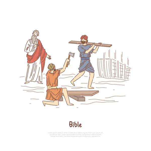 Ной строит ковчег миф, легенду, библейский сюжет, святых библейских персонажей, людей, строящих шаблон флага корабля — стоковый вектор