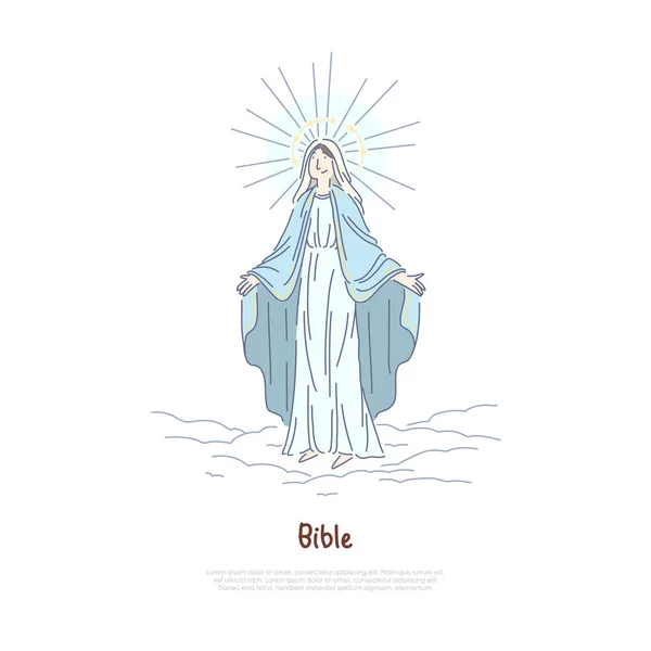 Virgem Maria, mulher santa orando, santa no céu, Jesus Cristo Mãe, história bíblica modelo de banner personagem — Vetor de Stock