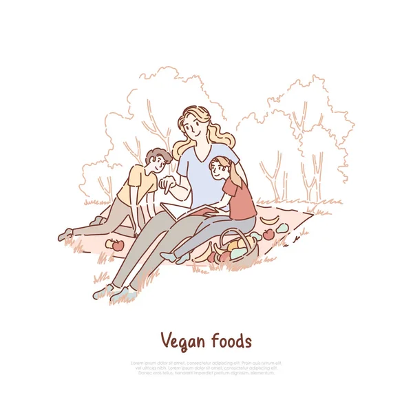 Mère avec des enfants pique-nique, maman avec fils et fille mangeant des fruits sur la nature, baby-sitter lisant bannière de livre pour enfants — Image vectorielle