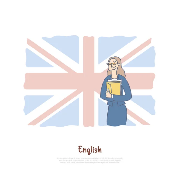 Leraar uit Groot-Brittannië, native speaker op Britse vlag achtergrond, student uitwisselingsprogramma banner — Stockvector