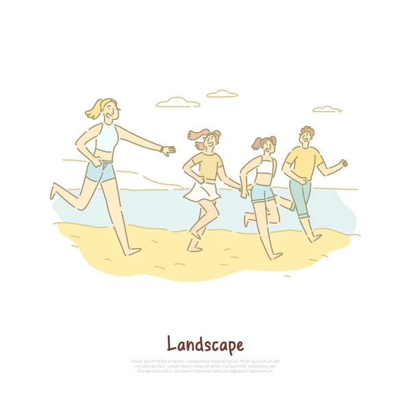 Счастливые люди, бегущие по берегу моря, друзья путешествуют на песчаный пляж, ландшафтный туризм, баннер семейного отдыха — стоковый вектор