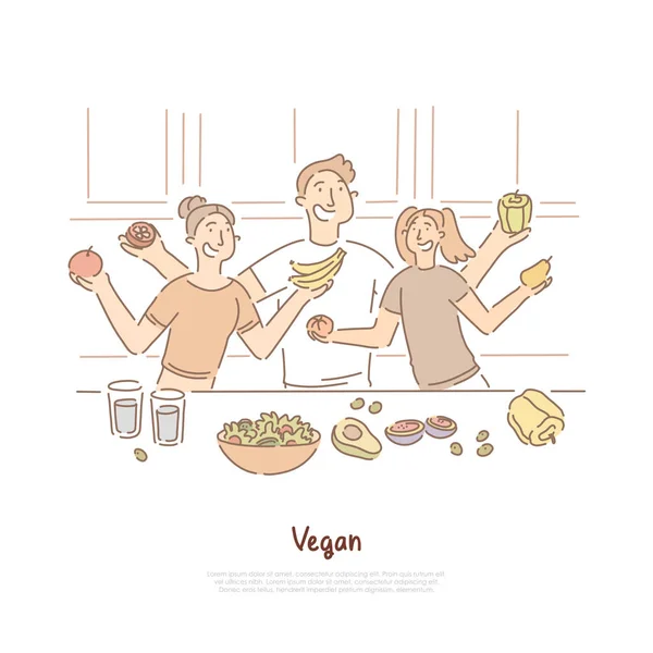 Щасливі люди на кухні, мати, батько і дочка тримають свіжі фрукти та овочі, вегетаріанський прапор — стоковий вектор