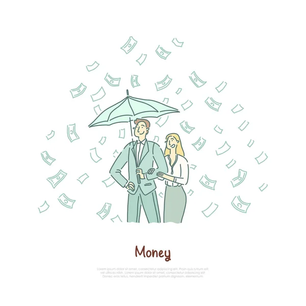 Casal rico com guarda-chuva, empreendedorismo bem sucedido, investimento rentável, alfabetização financeira, banner loteria —  Vetores de Stock
