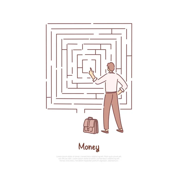 Kontorsarbetare analysera labyrint, affärsman med resväska fatta svåra beslut, finansiell kunskap banner — Stock vektor
