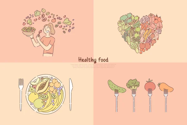 健康饮食，水果和蔬菜餐，妇女烹饪蔬菜沙拉，素食，维生素和营养横幅 — 图库矢量图片