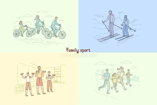 Família exercitando-se juntos, pais com crianças correndo, andando de bicicleta, fazendo esporte, casal na faixa da estação de esqui — Vetor de Stock