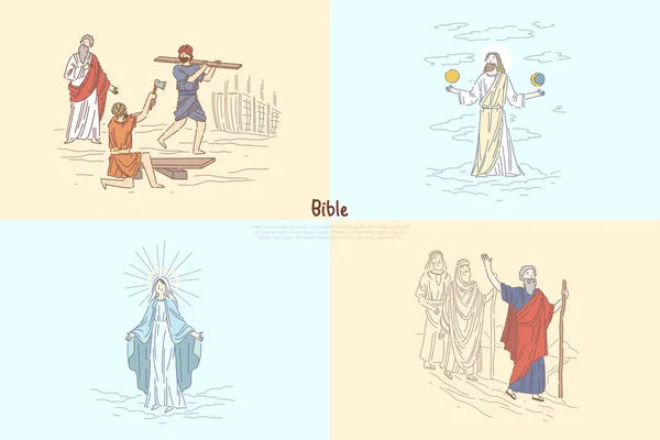 Handlung der biblischen Geschichte, Mythen und Legenden, biblische Figuren, Noah Arche, Gott, der die Welt erschafft, Moses Prophet Bannervorlage — Stockvektor