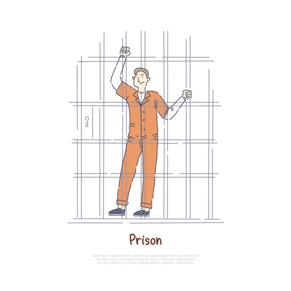 Κρατούμενος πίσω από τα κάγκελα, τρόφιμος στο κελί της φυλακής, καταδικασμένος άντρας με πορτοκαλί στολή, πανό για ποινική φυλάκιση. — Διανυσματικό Αρχείο