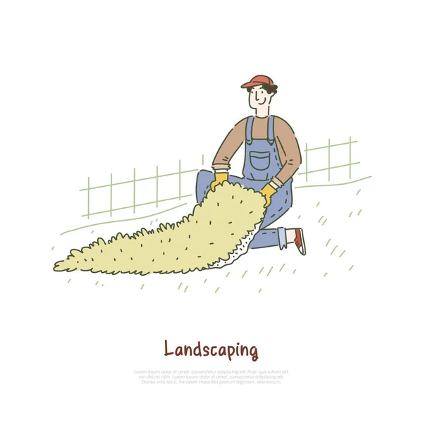 Gardener telepítése mesterséges gyep, gyepes szőnyeg a futballpálya, landscaper dolgozó Park, udvar banner sablon — Stock Vector