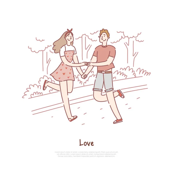 Jong koppel dating, vrolijke jongen en meisje wandelen, wandelen in het park, vriend en vriendin houden handen banner sjabloon — Stockvector