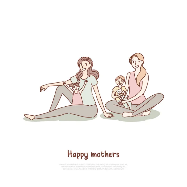 Mães felizes com crianças na aula de ioga, filho sentado no colo da mãe, mamãe passar tempo com o modelo de banner criança —  Vetores de Stock