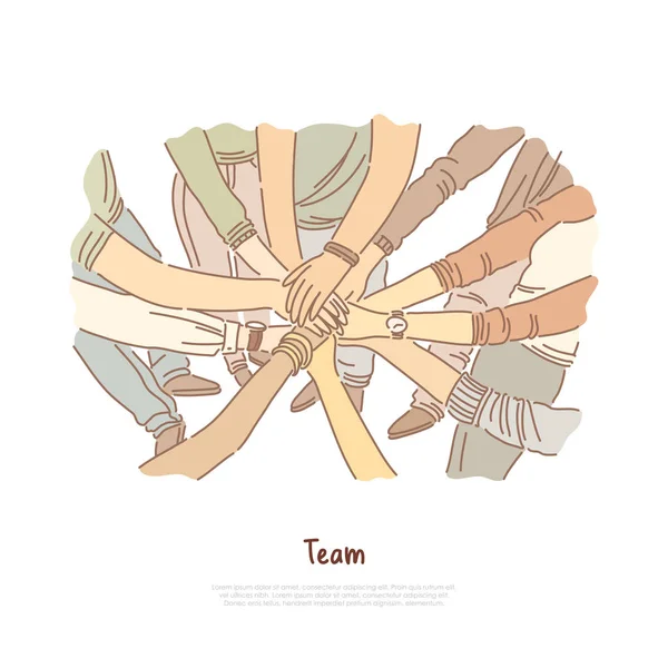 Hand stack, team bonding oefening, Gemeenschap samenwerking, groep eenheid, diversiteit, teamwork banner — Stockvector