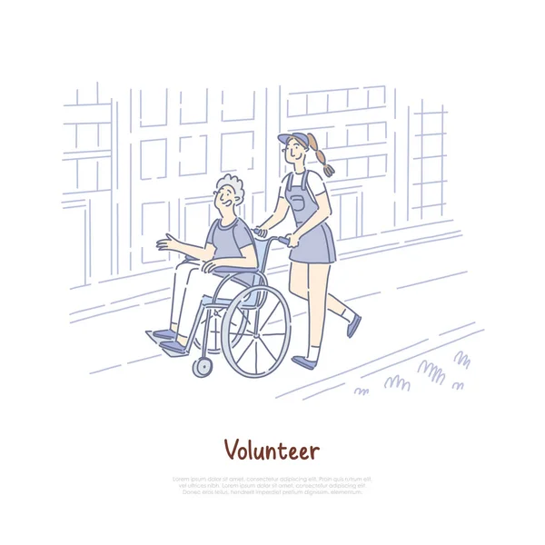 Улыбающаяся женщина-волонтер, помогающая старику в инвалидном кресле, помощь пожилым людям, благотворительность, баннер услуг медсестер — стоковый вектор