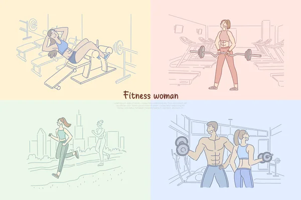 Kobieta ćwiczy w klubie fitness, kulturysta szkolenia w siłowni, silny mężczyzna podnoszenie ciężarów, dziewczyna jogging baner — Wektor stockowy