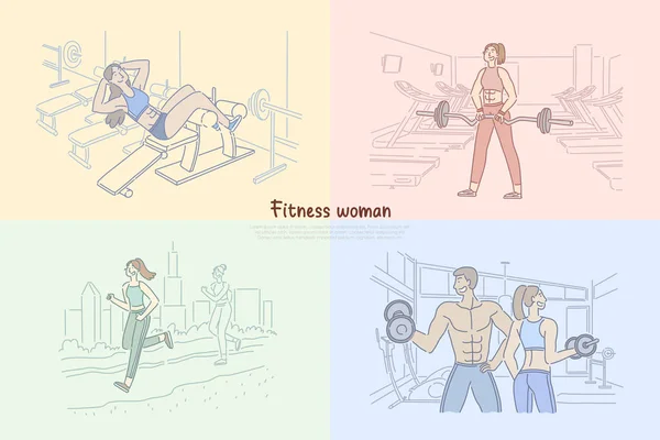 Femme travaillant dans le club de remise en forme, entraînement de bodybuilder dans la salle de gym, poids de levage d'homme fort, bannière de jogging de fille — Image vectorielle