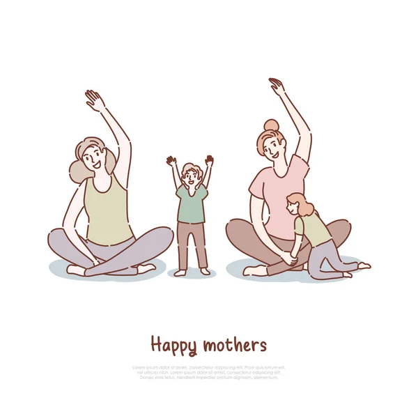 아이들과 함께 요가를하는 어머니, 엄마와 필라테스를 연습하는 아이들과 함께, 운동, 연꽃 포즈 배너 템플릿에서 명상 — 스톡 벡터