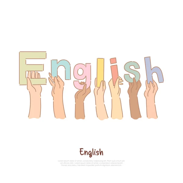 Estudiantes universitarios sosteniendo cartas en las manos, estudiando en Reino Unido, banner de lecciones de idiomas internacionales — Vector de stock